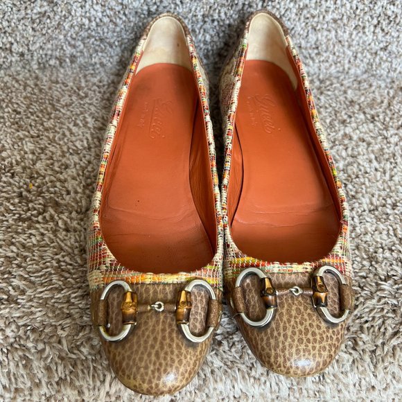 Gucci Women's Straw Raffia Style Woven Leather Trim Multicolor Flats. - Picture 1 of 15